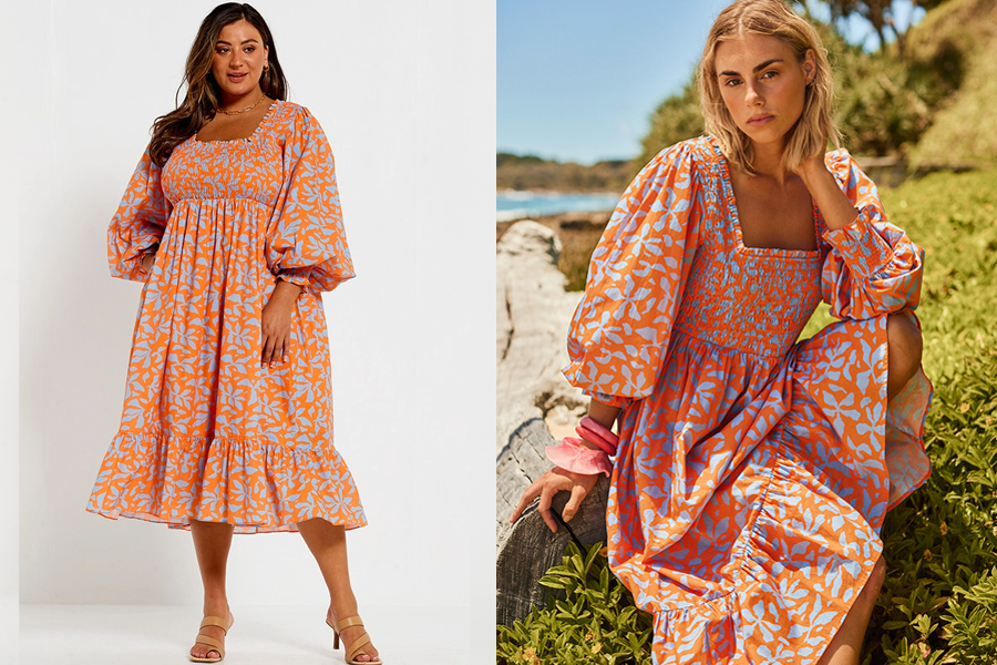 Bohemian Traders’ Square Neck Shirred Midi Dress in Sea Floral