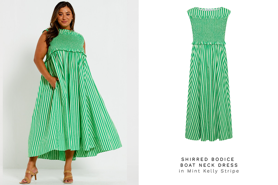 Bohemian Traders’ Sleeveless Shirred Bodice Midi Dress in Tonal Jade Stripe