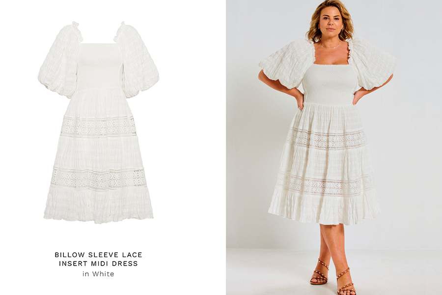 Bohemian Traders’ Billow Sleeve Lace Insert Midi Dress in White