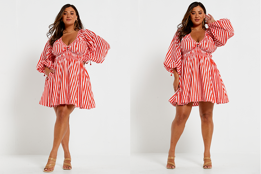 Bohemian Traders’ V-Neck Elastic Waist Dress in Red Stripe
