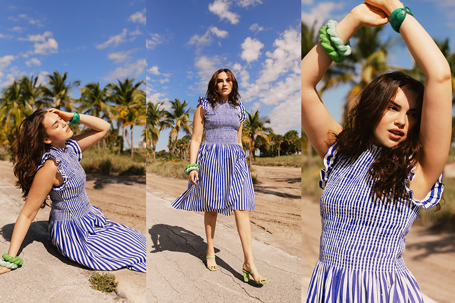 model wearing Bohemian Traders’ Shirred Midi Dress